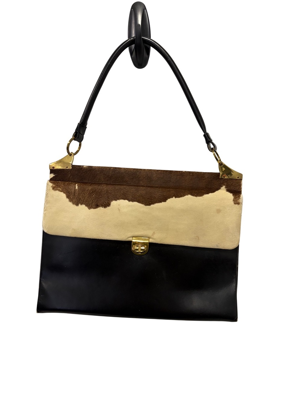 Vintage Leather Top-Handle Bag with Haircalf Panel in Black, Cream & Brown